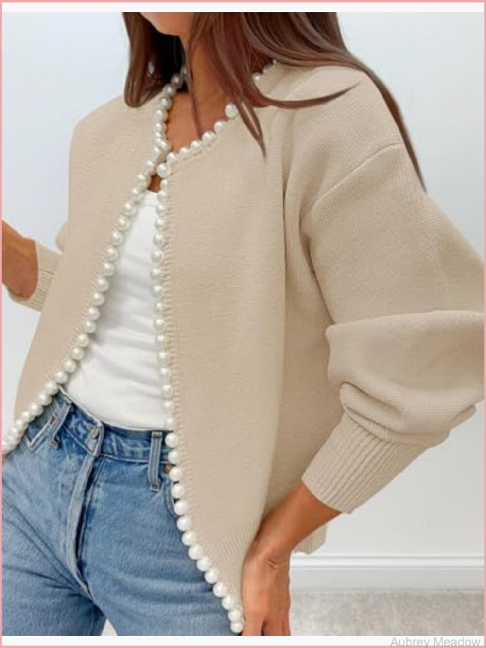Open Front Cardigan Sweater Long Sleeve Pearl Trim Knit Coat - Picture 3 of 7